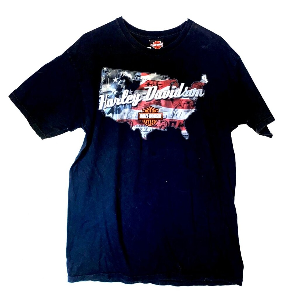 Harley-Davidson Mile High Motorcycles Spell Out T-Shirt Aurora CO American Flag